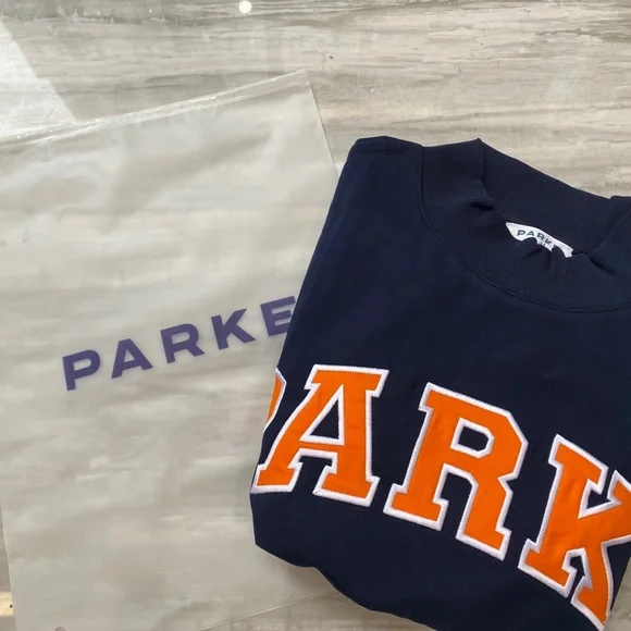 Parke Navy Crew Sweatshirt with Orange Collegiate Letters - Picture 1 of 7
